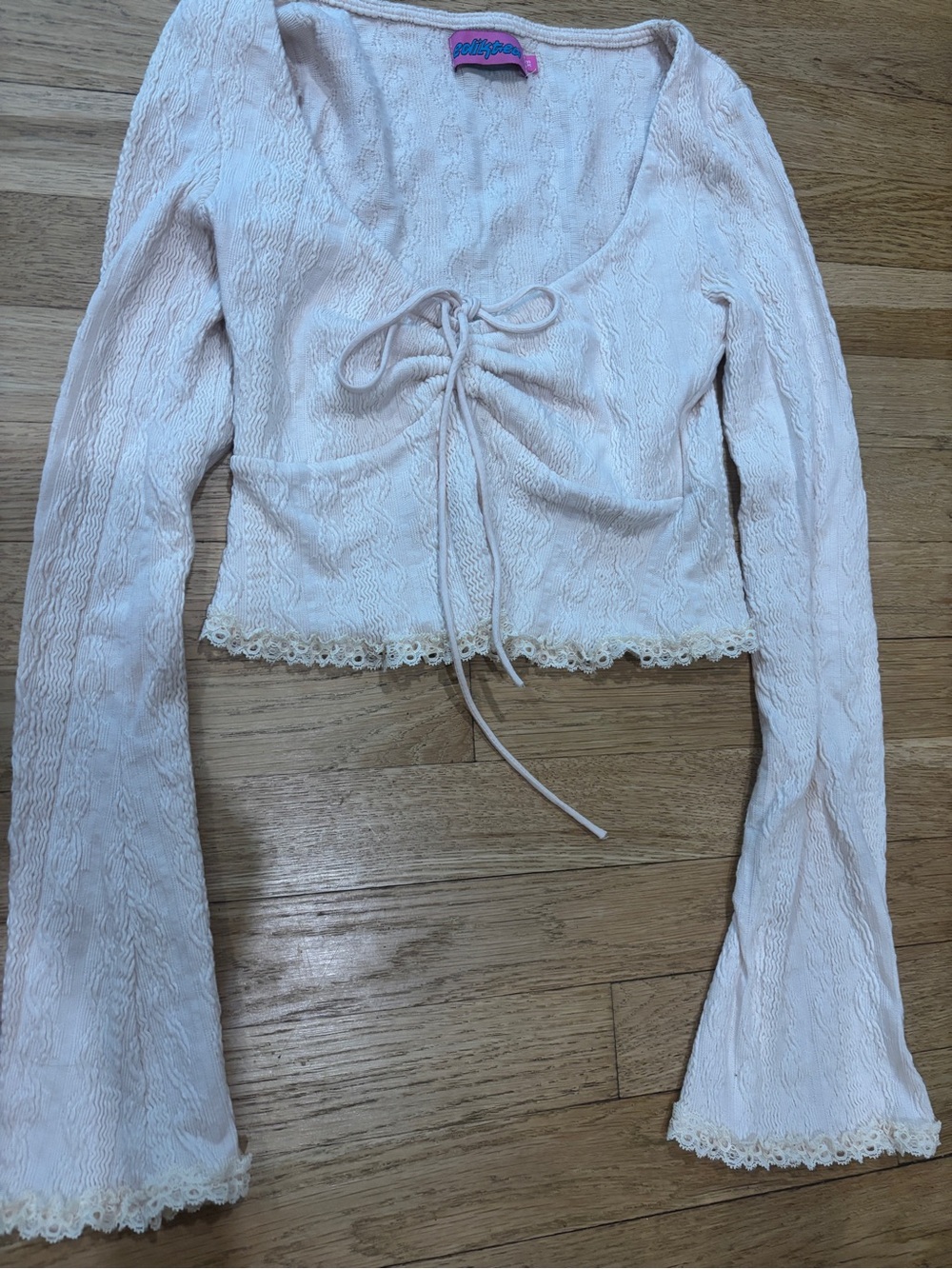 Edikted Lace-Trim Ribbed Tie-Front Crop Top - Light Cream